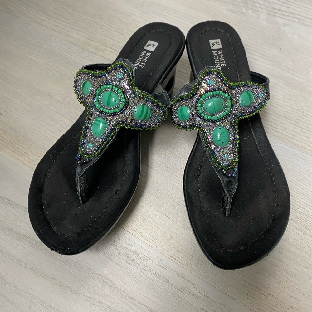 White Mountain Black Sandals with Green Beading